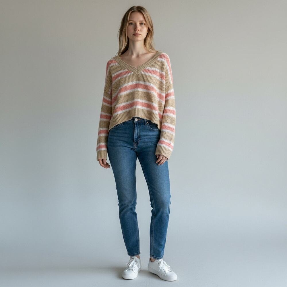 Tan / Khaki and Pink Striped Cropped Sweater New With Tags Medium Wild Fable